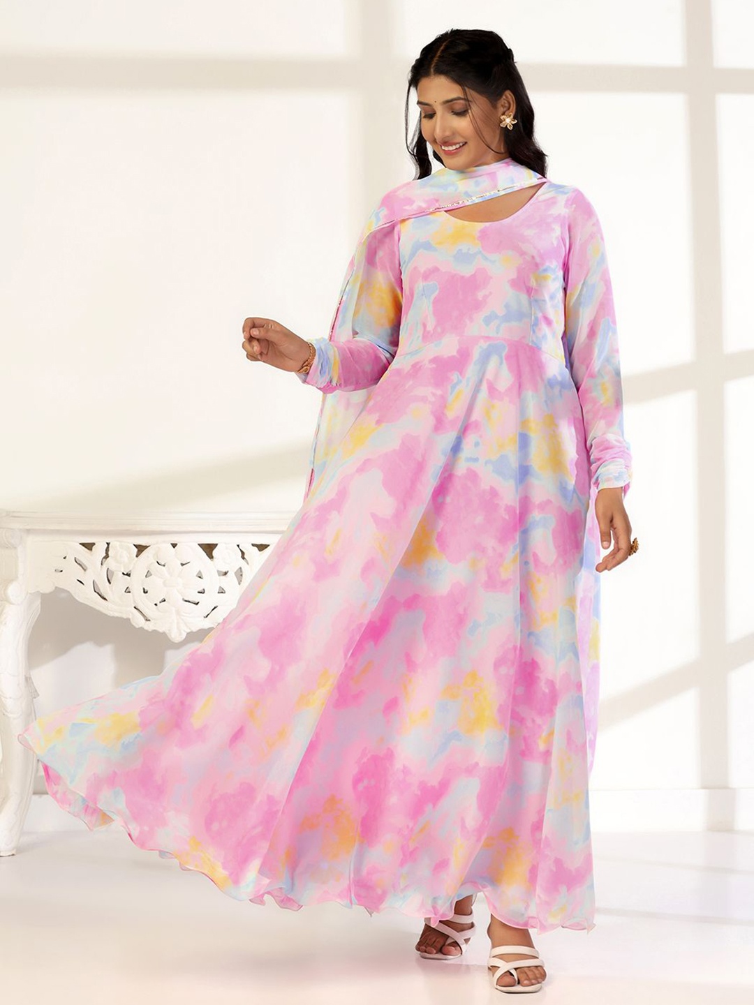 

FASHION DREAM Tie and Dye Print A-Line Maxi Dress With Dupatta, Pink