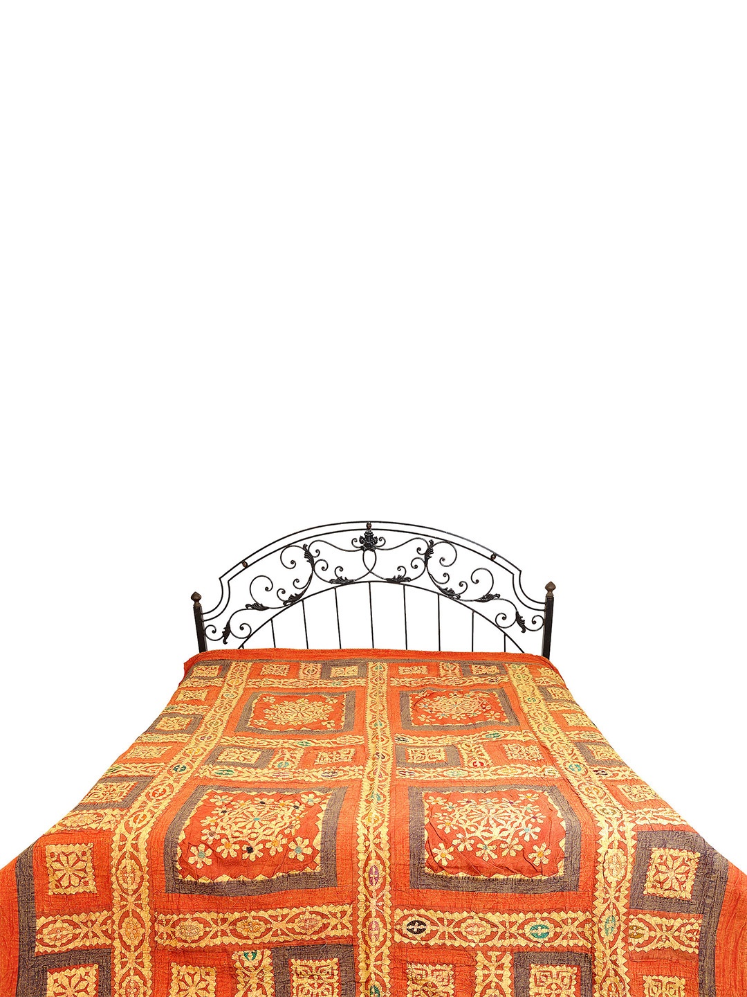 

Exotic India Orange & Yellow Floral Cotton 300 TC Queen Bedsheet