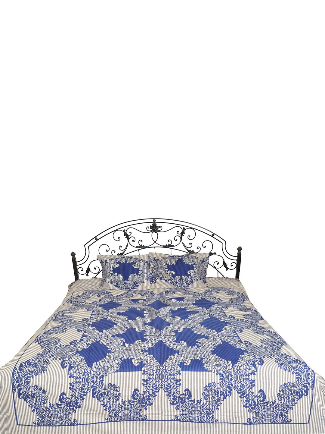 

Exotic India Navy Blue & Beige Floral Cotton 300 TC Queen Bedsheet with 2 Pillow Covers