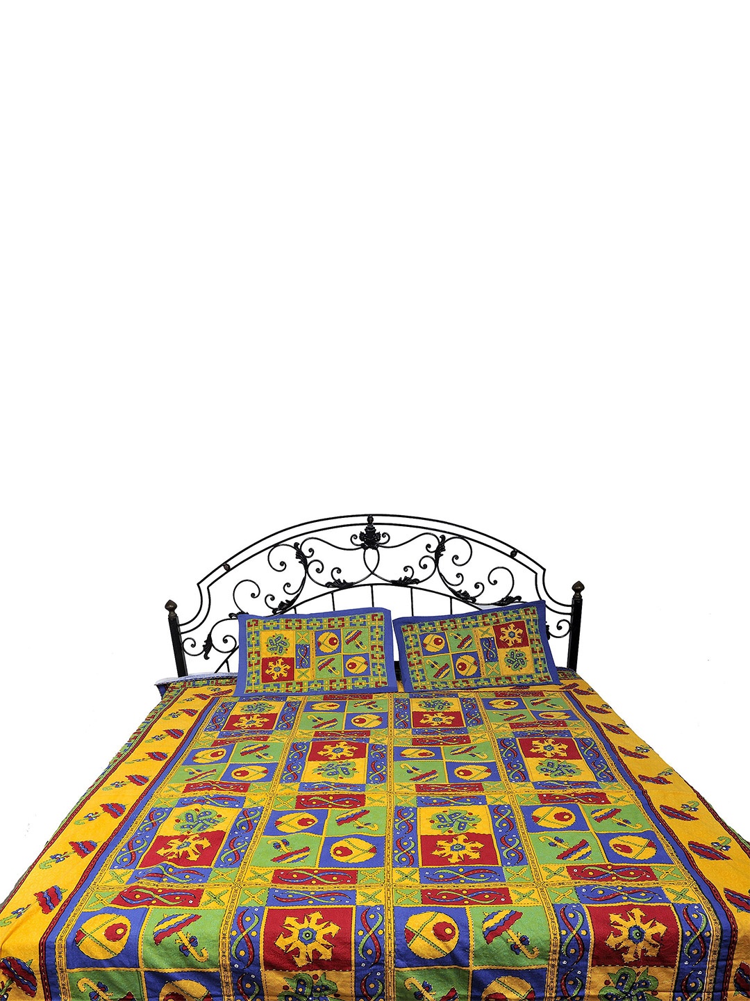 

Exotic India Yellow & Blue Ethnic Motifs Cotton 300 TC Queen Bedsheet With 2 Pillow Covers