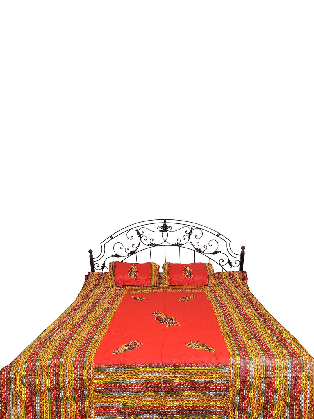 

Exotic India Red & Green Ethnic Motifs Cotton 300 TC Queen Bedsheet With 2 Pillow Covers