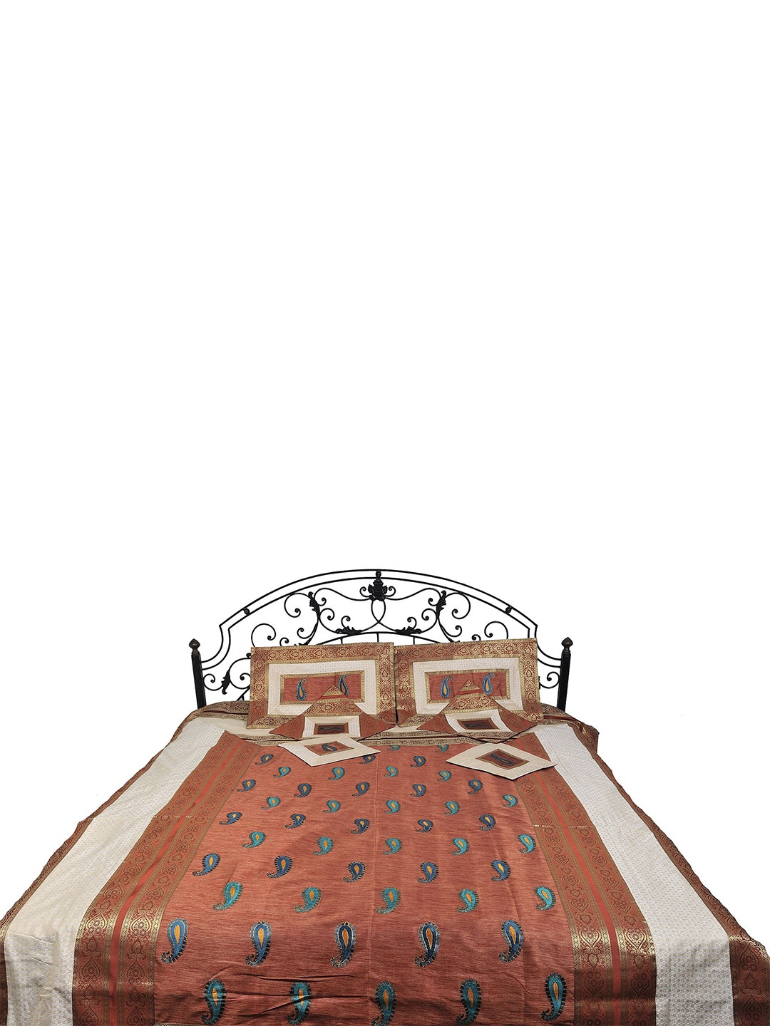 

Exotic India Copper-Toned & Brown Ethnic Motifs 300 TC Queen Bedsheet With Pillow Covers