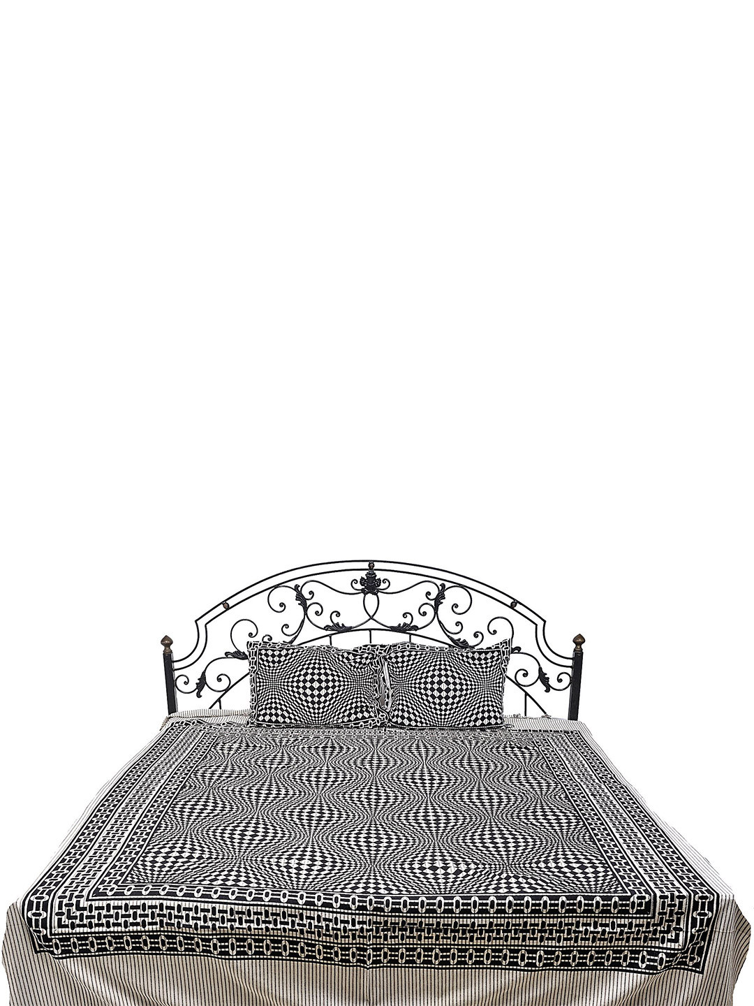 

Exotic India White & Black Geometric Cotton 300 TC Queen Bedsheet with 2 Pillow Covers