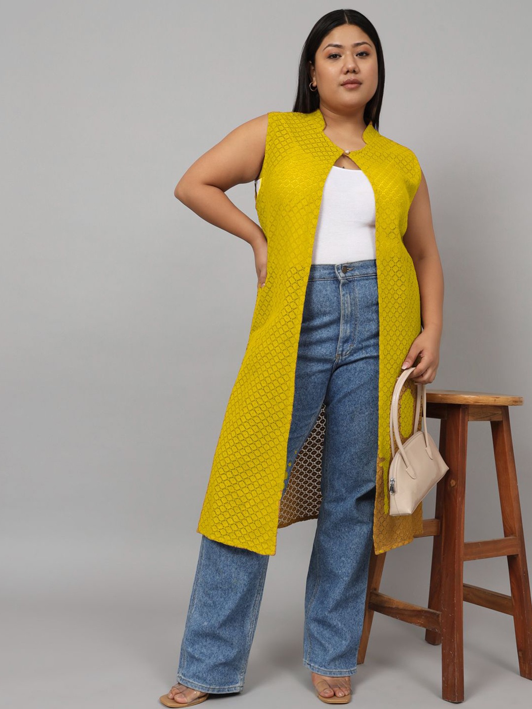 

urSense Plus Size Self Design Cotton Longline Sheer Shrug, Yellow
