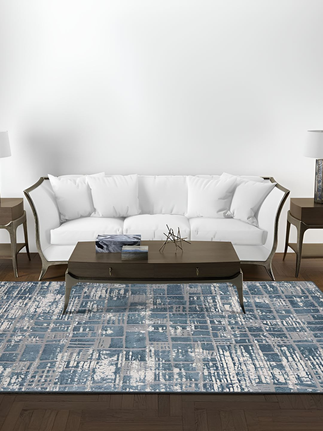 

Sapana Carpet-Mats Cream-Coloured & Blue Abstract Anti-Skid Carpet