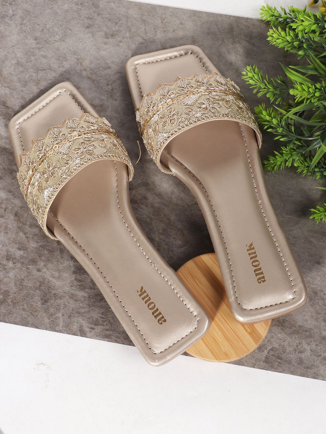 

Anouk Women Colourblocked Open Toe Flats, Gold