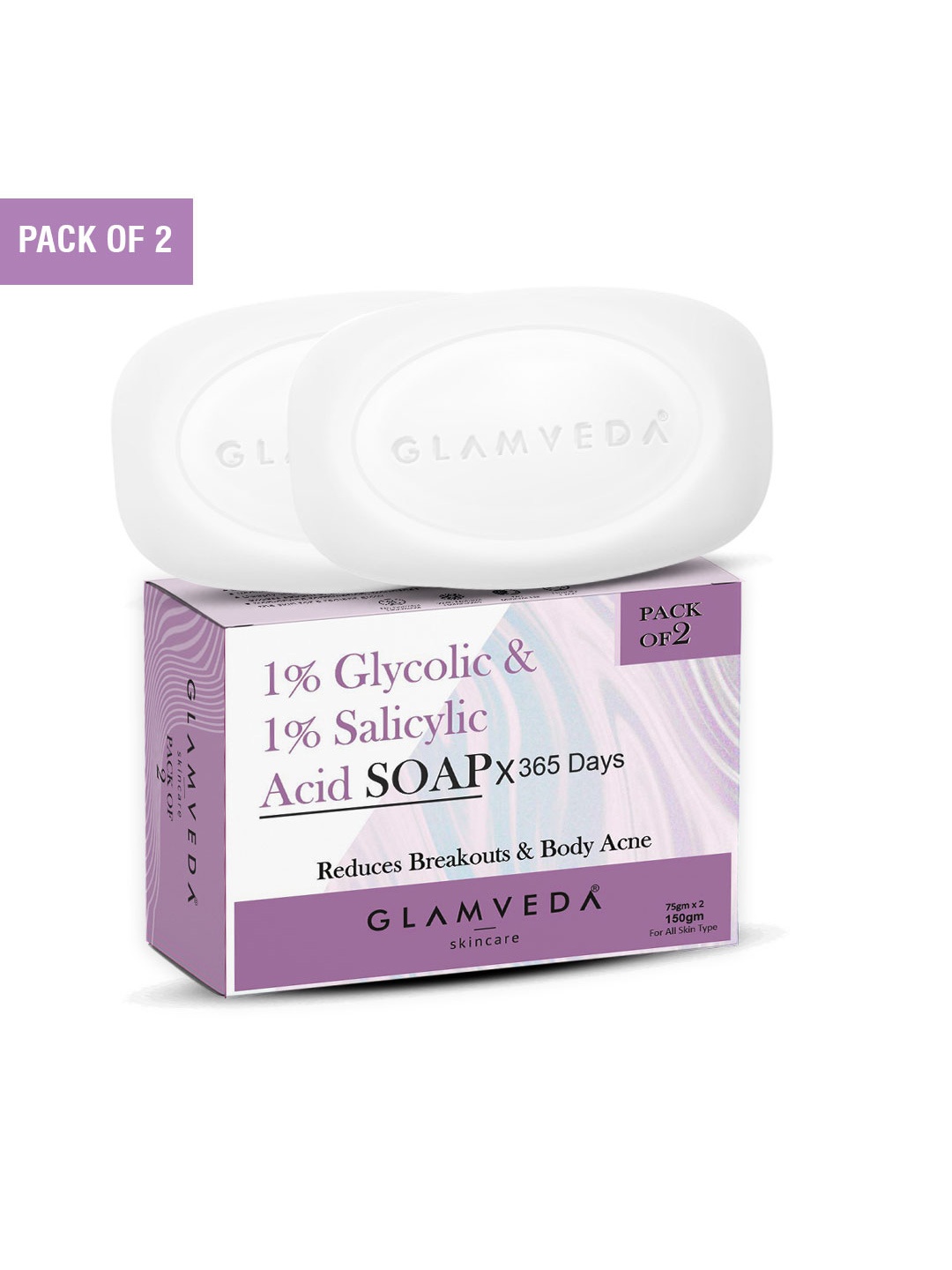 

GLAMVEDA Set Of 2 Glycolic Acid & 1% Salicylic Acid Soap - 75g Each, White