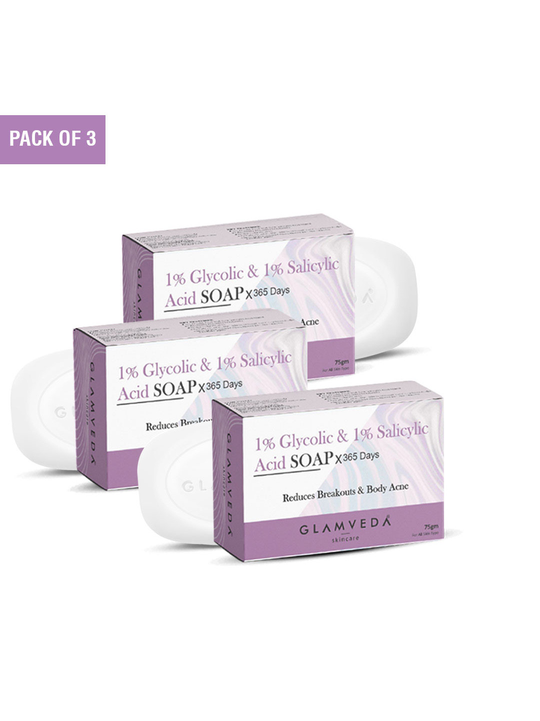 

GLAMVEDA Set Of 3 Glycolic Acid & 1% Salicylic Acid Soap - 75g Each, White