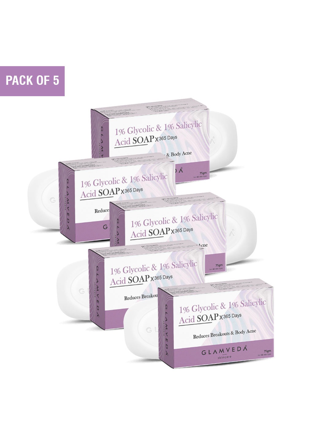 

GLAMVEDA Set Of 5 Glycolic Acid & 1% Salicylic Acid Soap - 75g Each, White