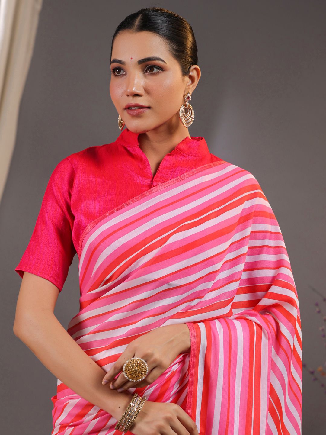 

Sangria Striped Saree With Blouse Piece, Pink
