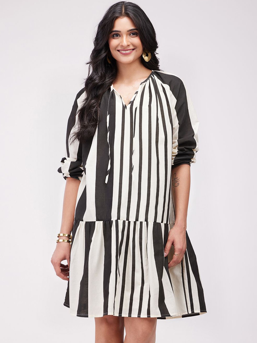 

Pink Fort Striped Cotton A-Line Dress, Black