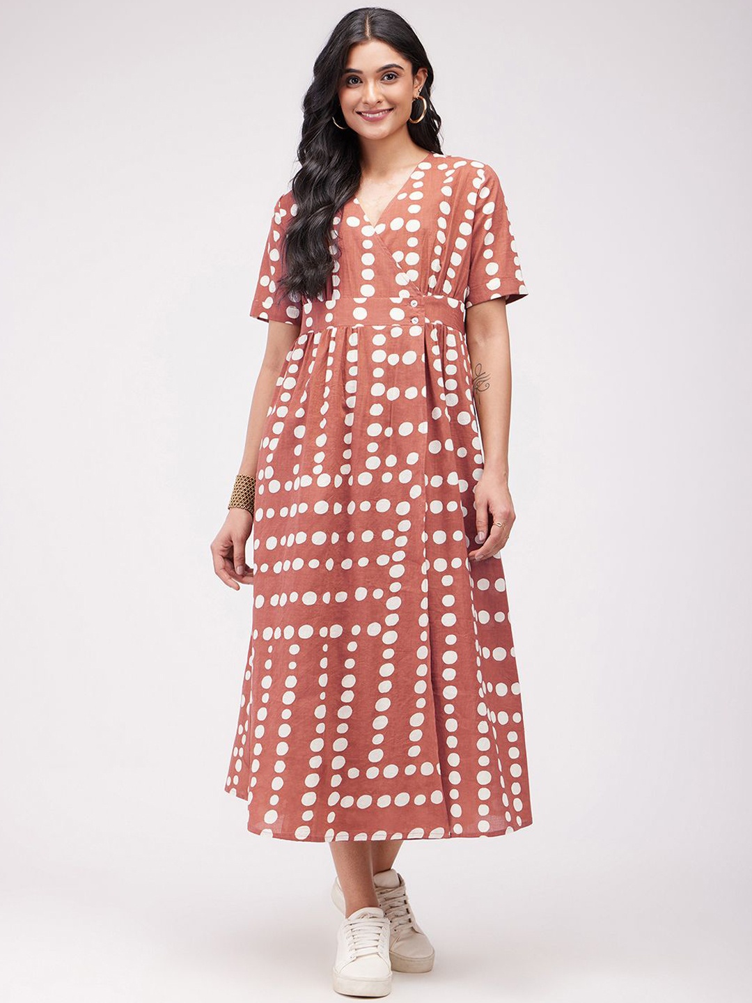 

Pink Fort Oilka Dot Printed Cotton Wrap Dress, Rust