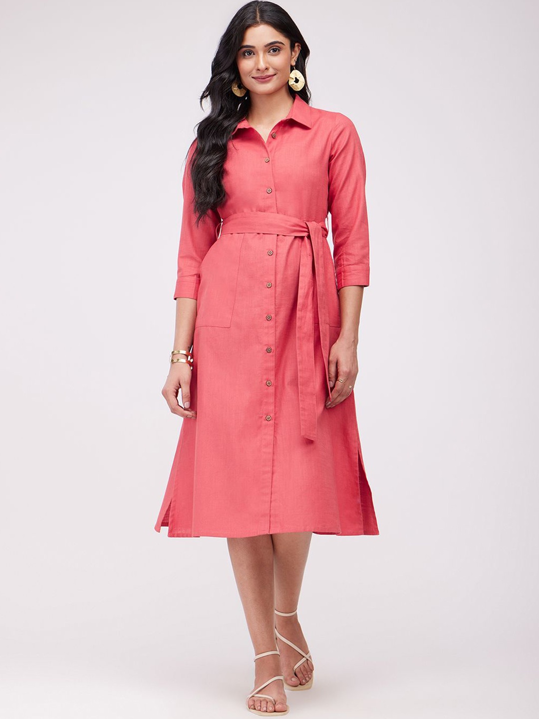 

Pink Fort Cotton Shirt Midi Dress With Belt