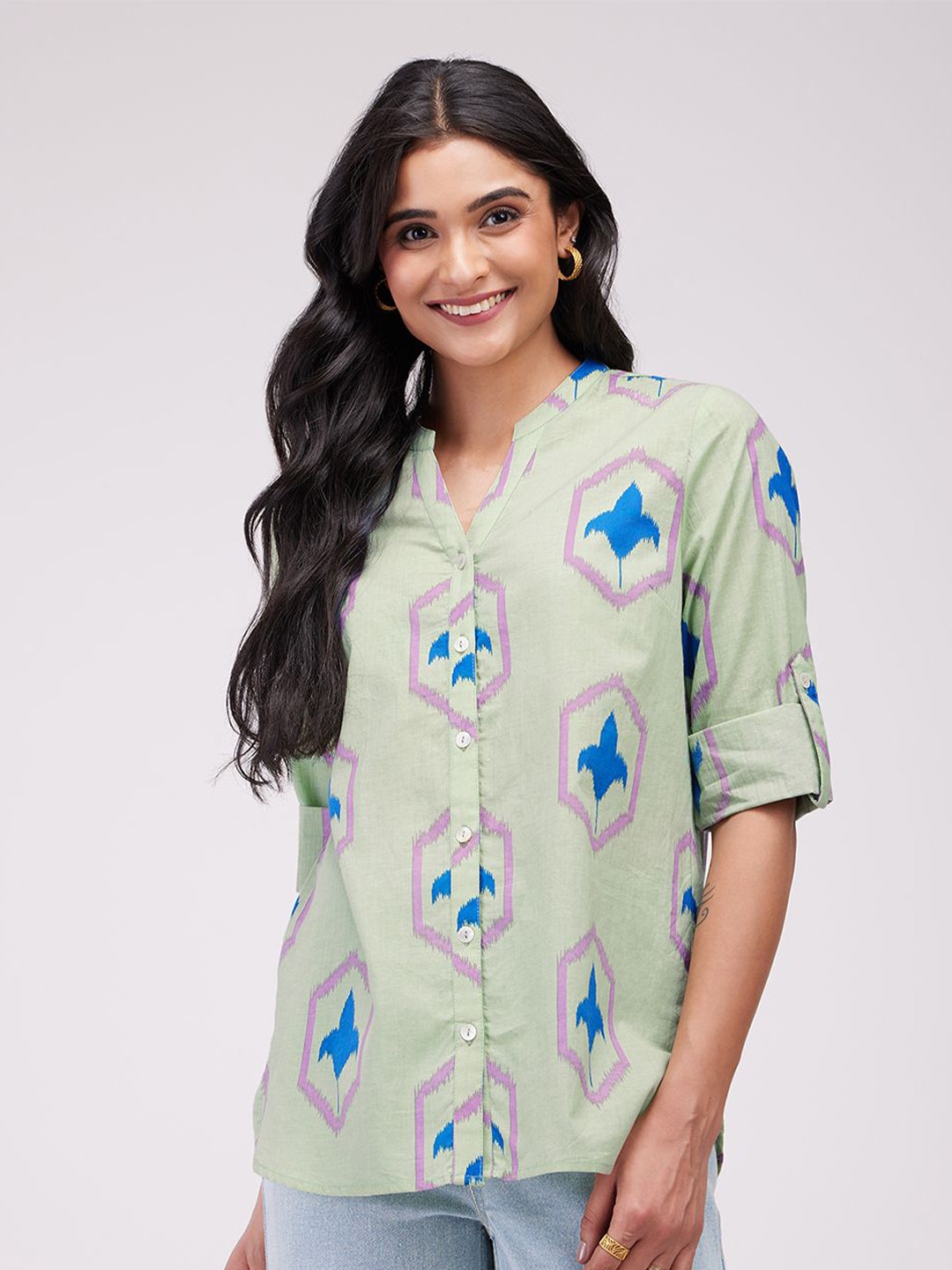 

Pink Fort Print Mandarin Collar Roll-Up Sleeves Cotton Shirt Style Top, Green