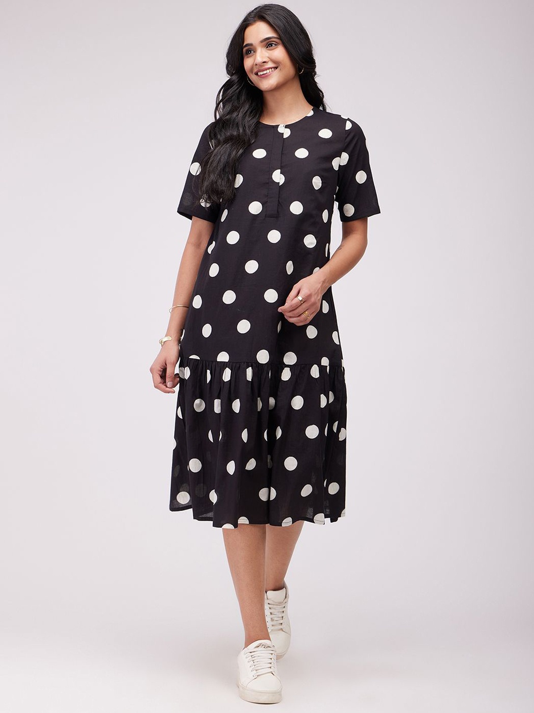 

Pink Fort Printed Cotton A-Line Midi Dress, Black
