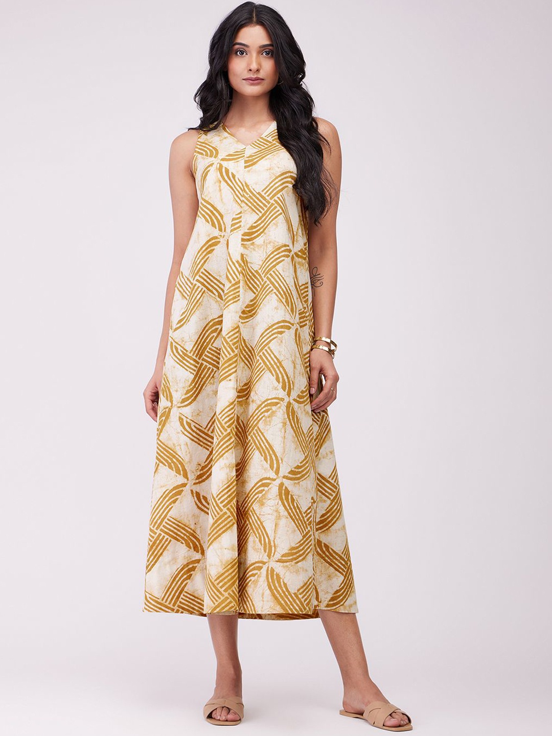 

Pink Fort Printed Cotton A-Line Midi Dress, Mustard