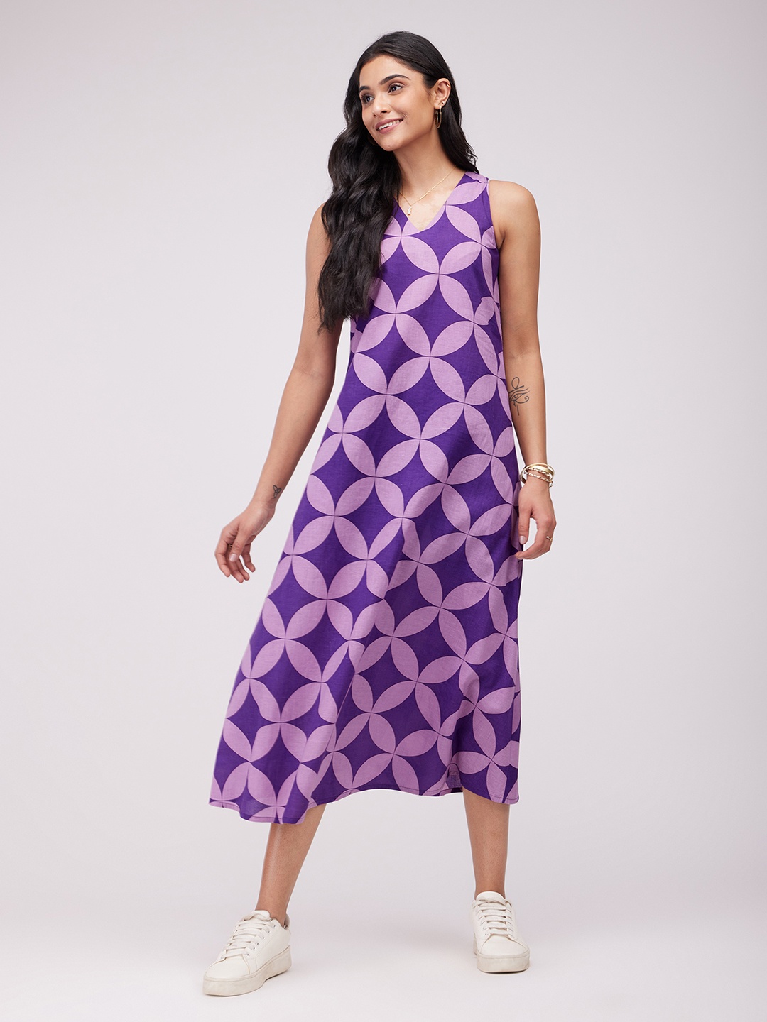 

Pink Fort Ethnic Motifs Print A-Line Midi Dress, Lavender