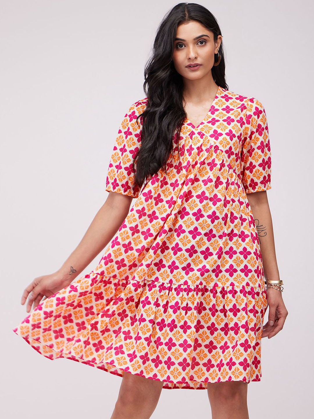 

Pink Fort Ethnic Motifs Print Tiered A-Line Dress, Orange