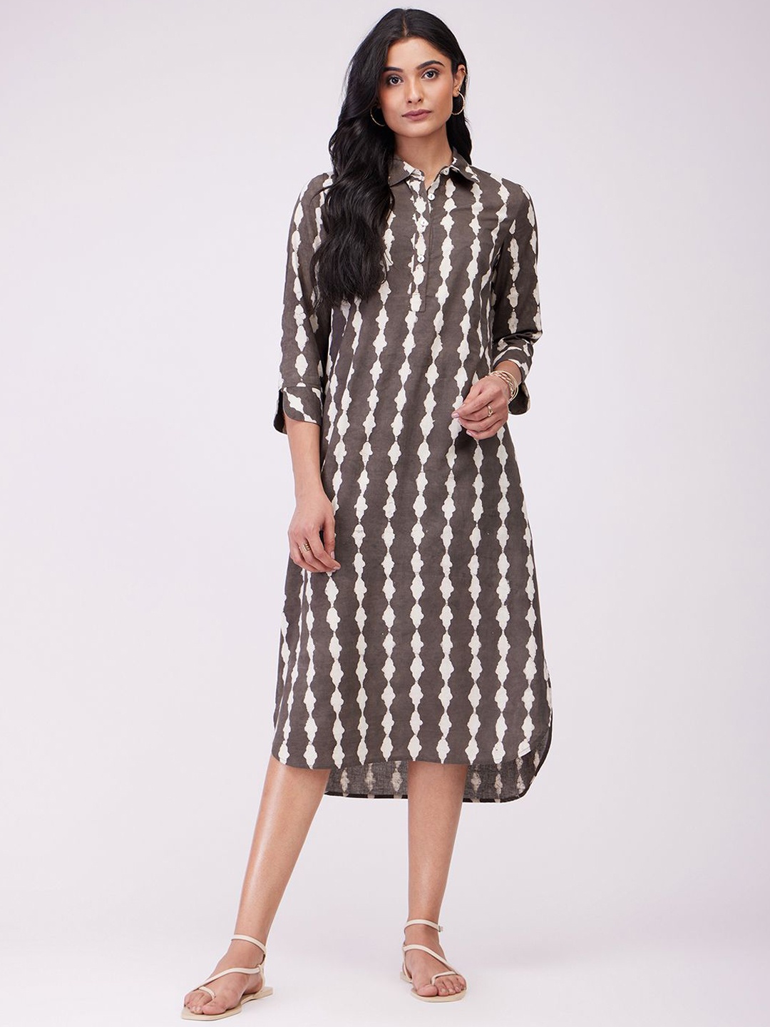 

Pink Fort Printed Cotton A-Line Midi Dress, Brown
