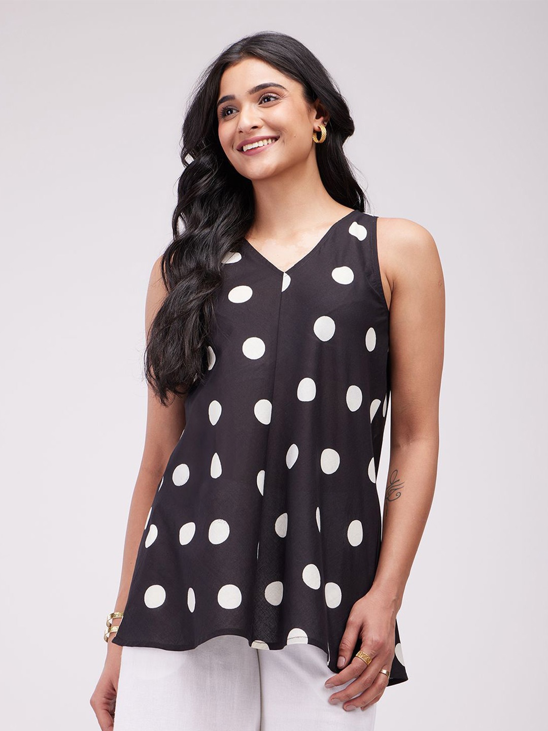 

Pink Fort Polka Dot Print Cotton Top, Black