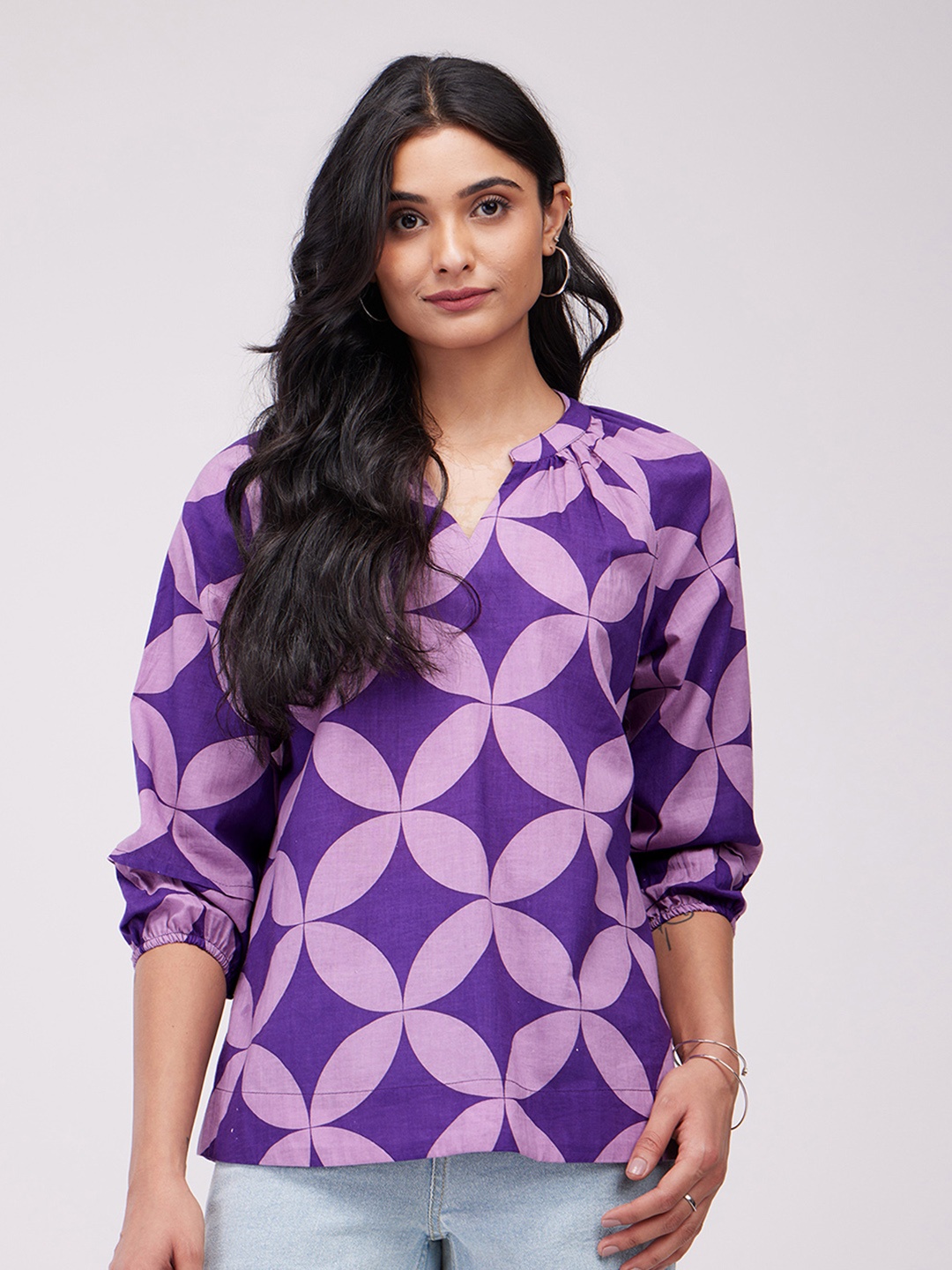 

Pink Fort Geometric Print Mandarin Collar Cotton Top, Lavender