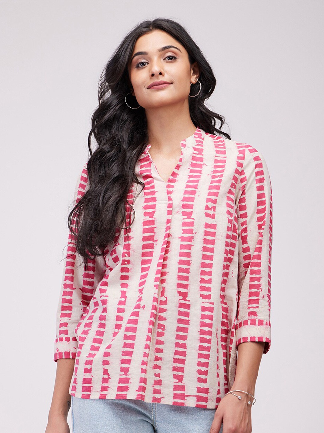 

Pink Fort Print Mandarin Collar Cotton Shirt Style Top