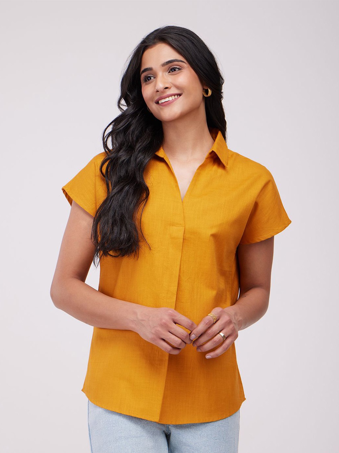 

Pink Fort Extended Sleeves Cotton Shirt Style Top, Mustard