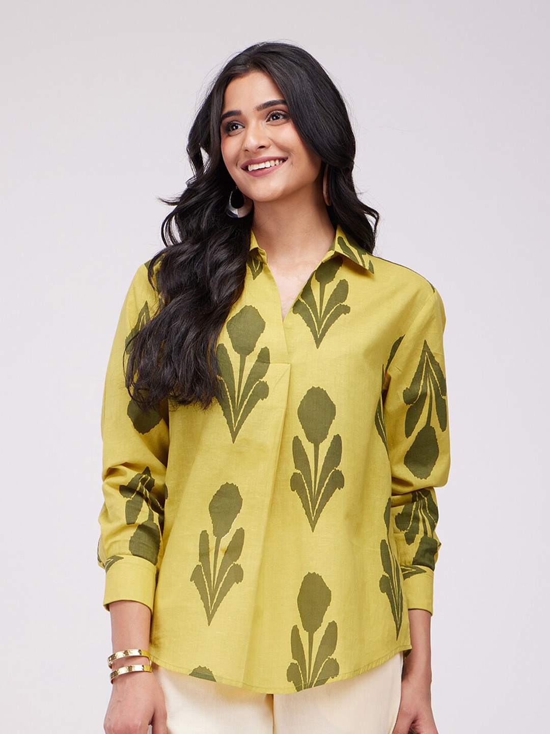 

Pink Fort Print Cotton Shirt Style Top, Yellow