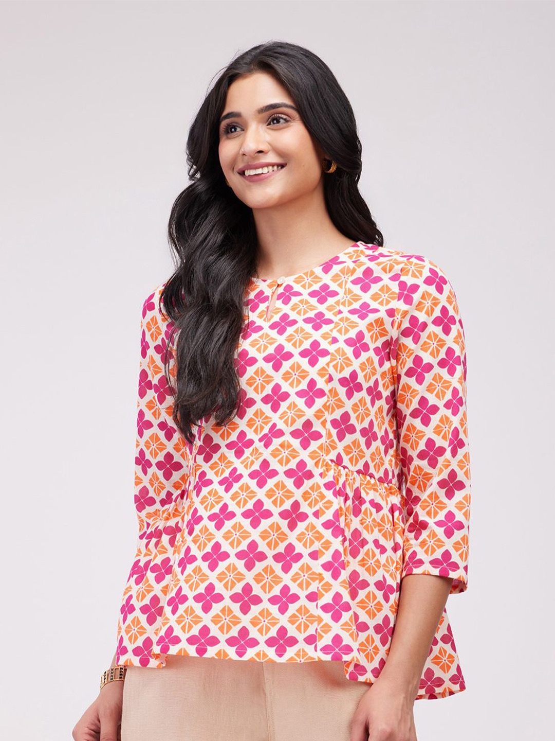 

Pink Fort Geometric Print Cotton Top, Orange