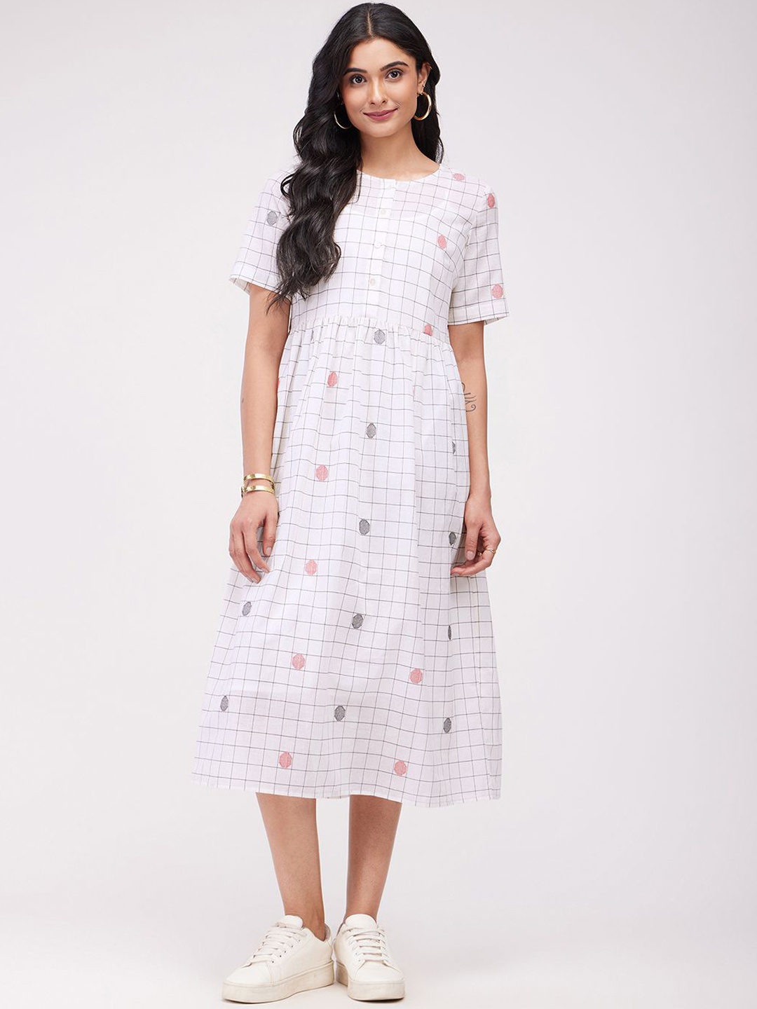 

Pink Fort Checked A-line Midi Dress, White