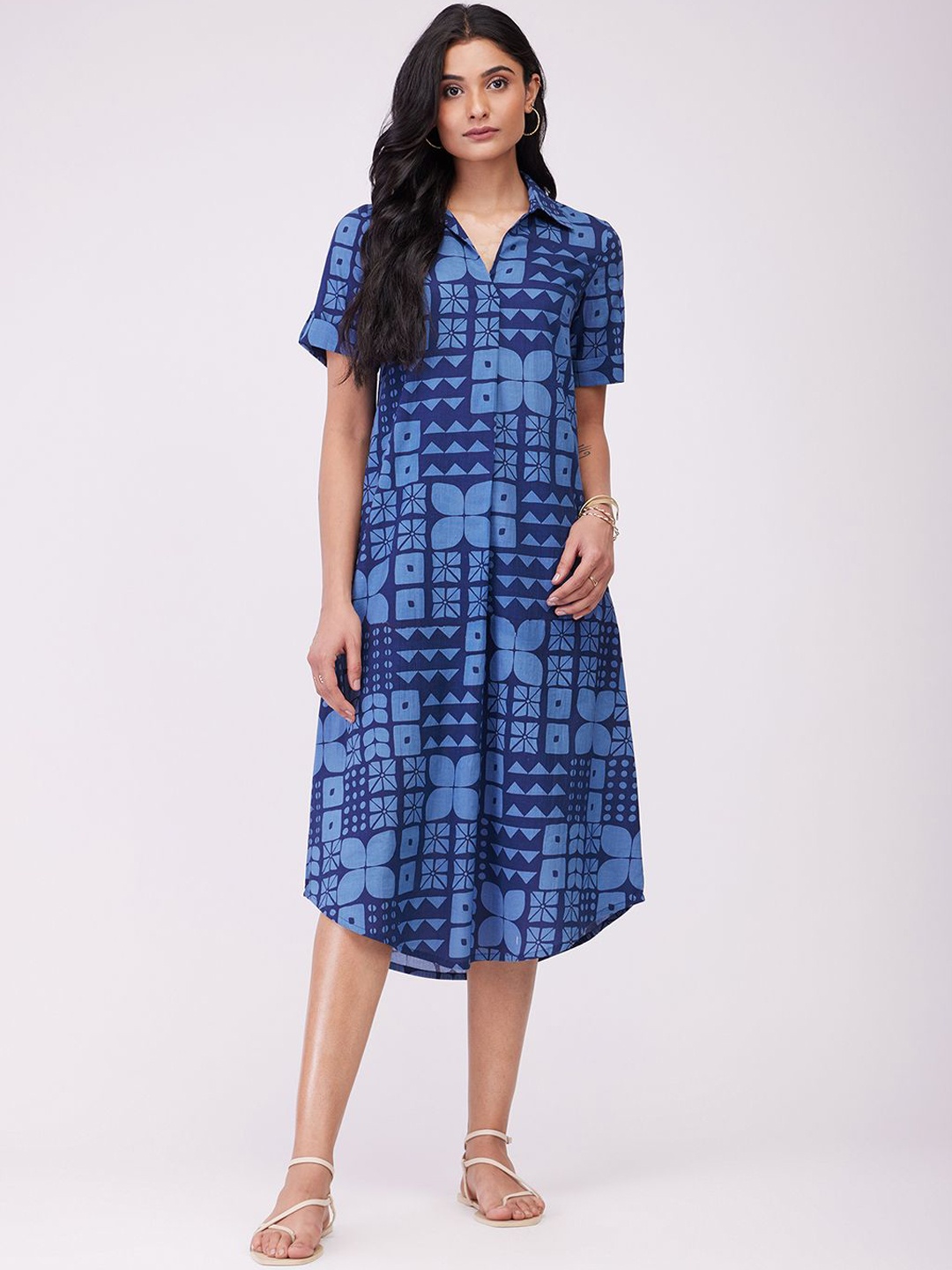 

Pink Fort Geometric Printed Cotton A-Line Ethnic Dress, Blue