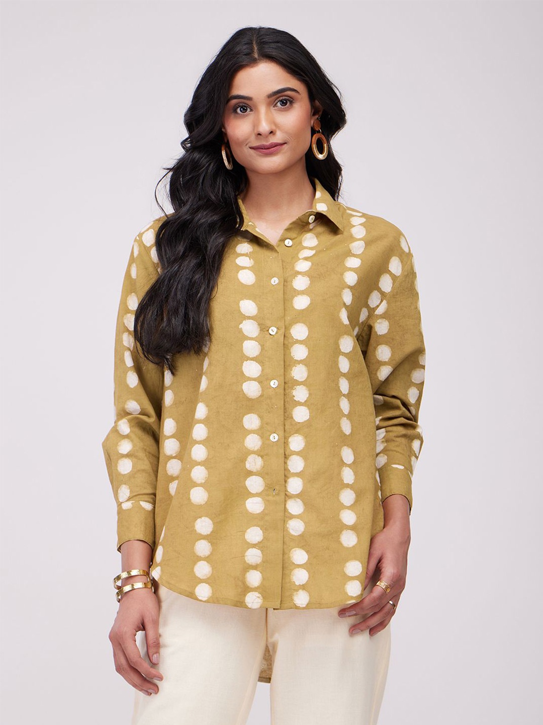 

Pink Fort Geometric Print Cotton Shirt Style Top, Mustard