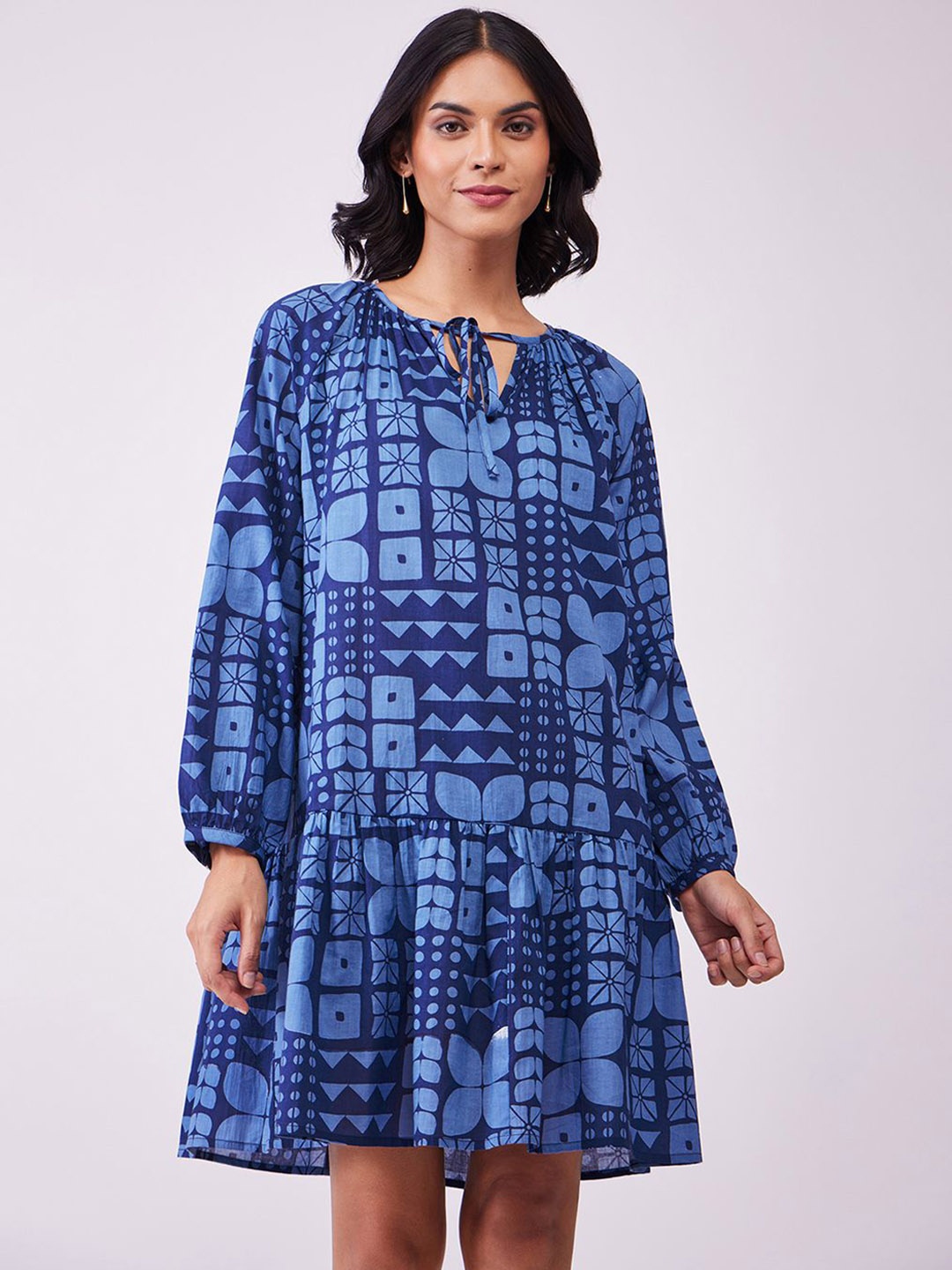 

Pink Fort Printed Cotton A-Line Dress, Blue