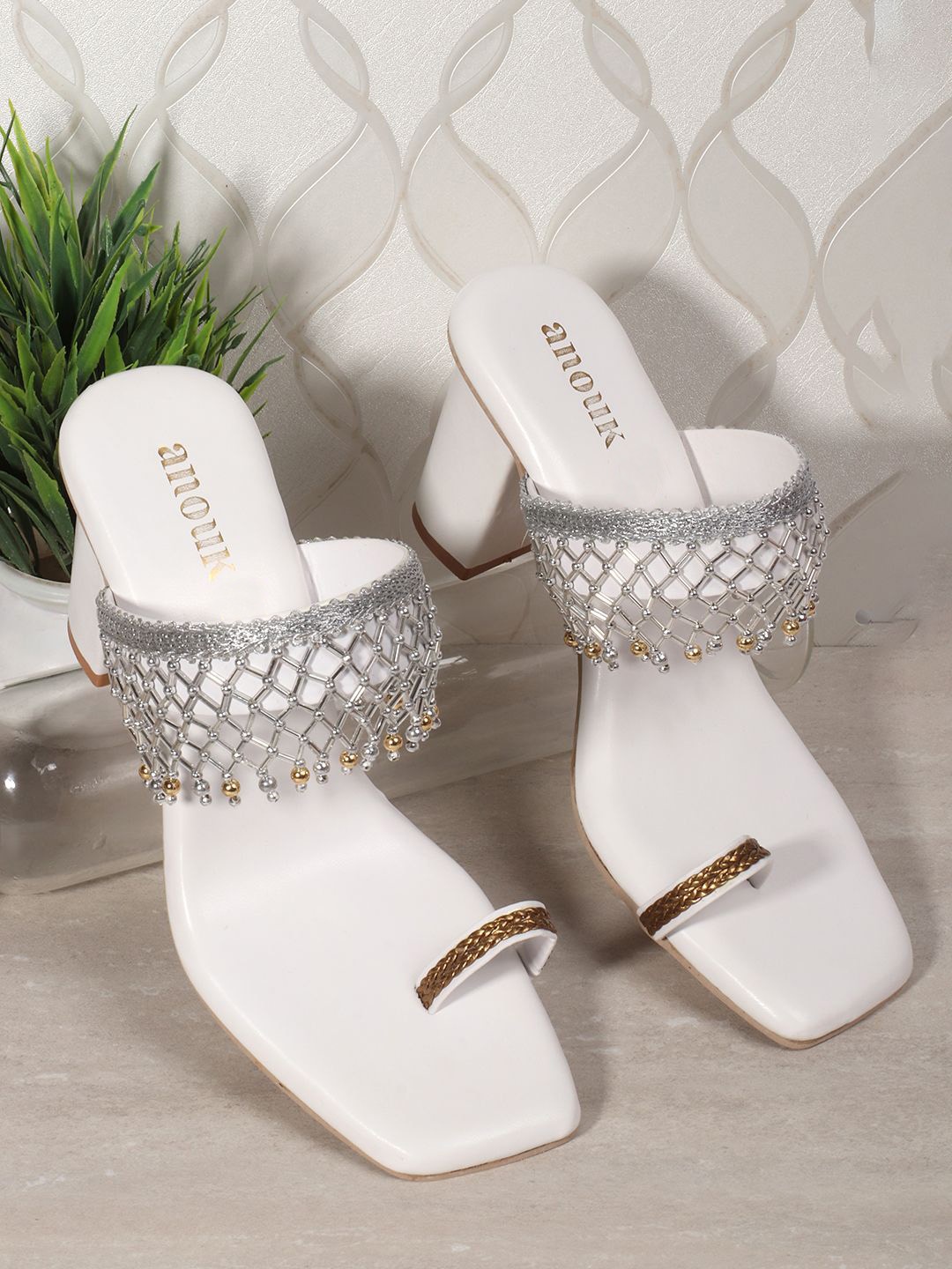 

Anouk White Embellished Open Toe Block Heels