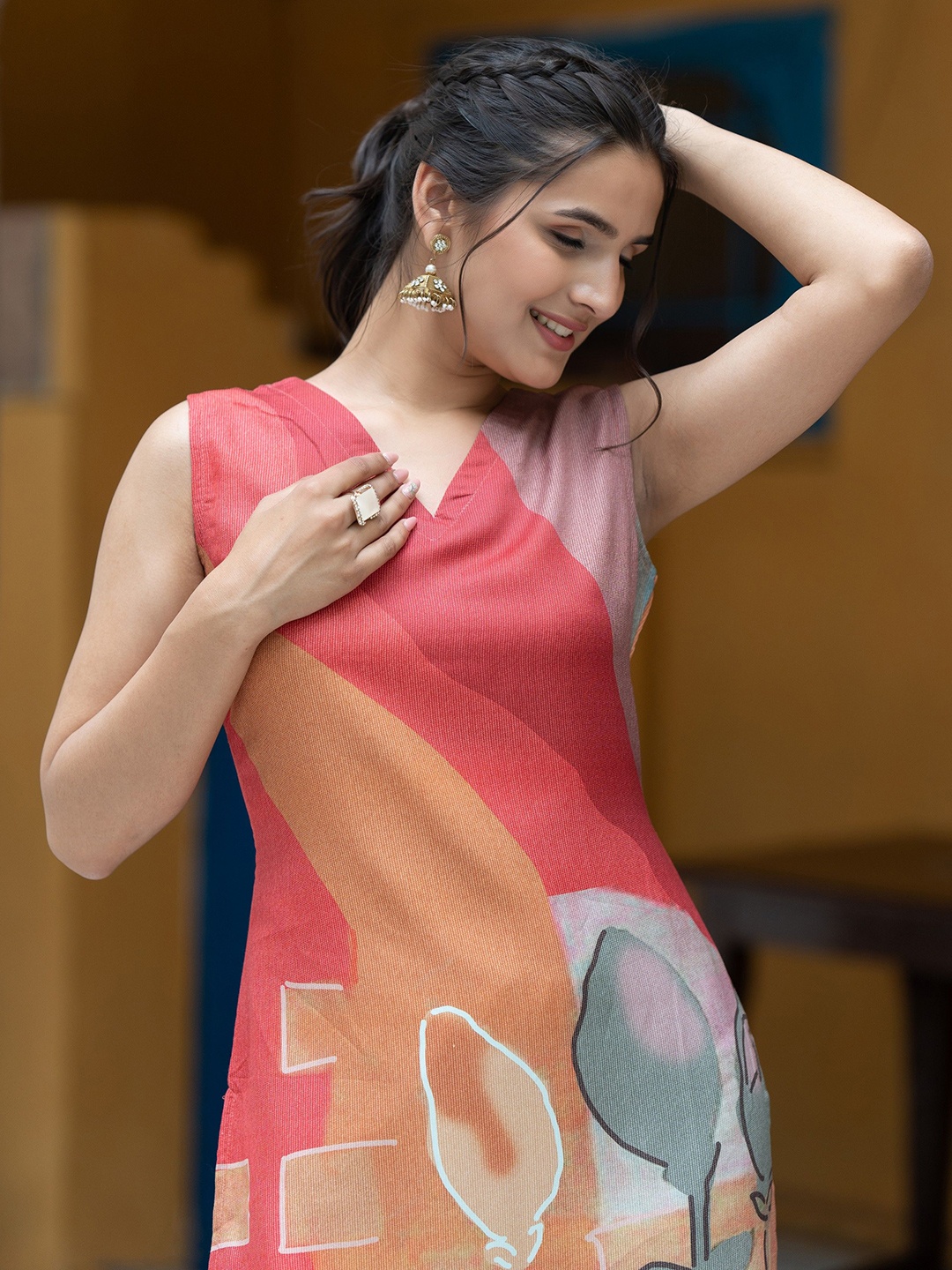 

ASPORA Abstract Printed Sleeveless Straight Kurta, Red