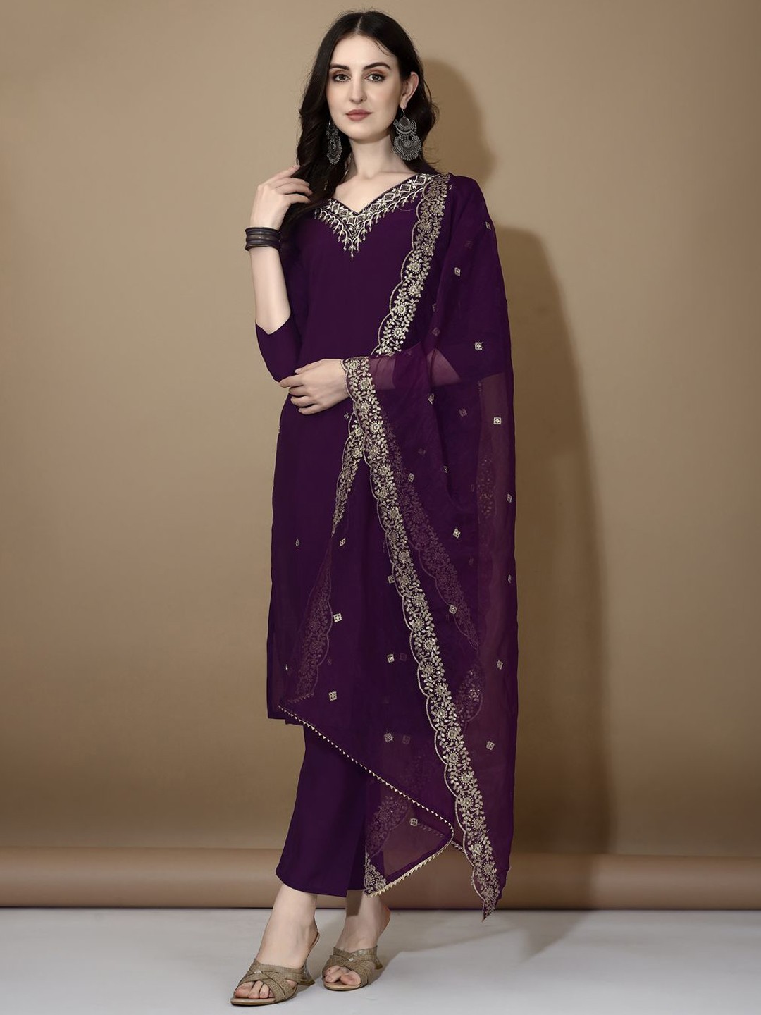 

KALINI Floral Embroidered Beads and Stones Chanderi Cotton Kurta with Trousers & Dupatta, Purple