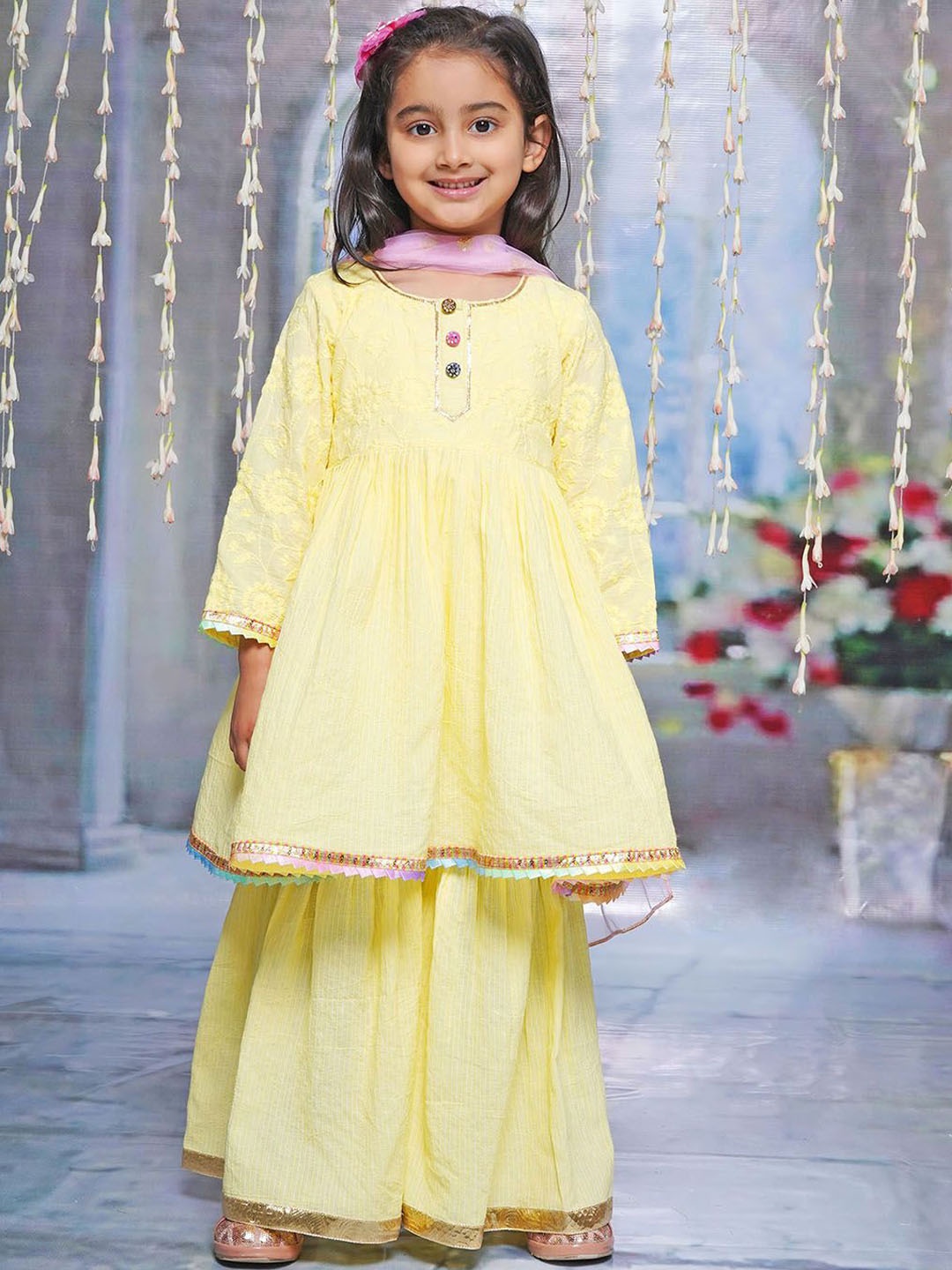 

Little Bansi Girls Floral Embroidered Pure Cotton A-Line Kurta With Sharara & Dupatta, Yellow