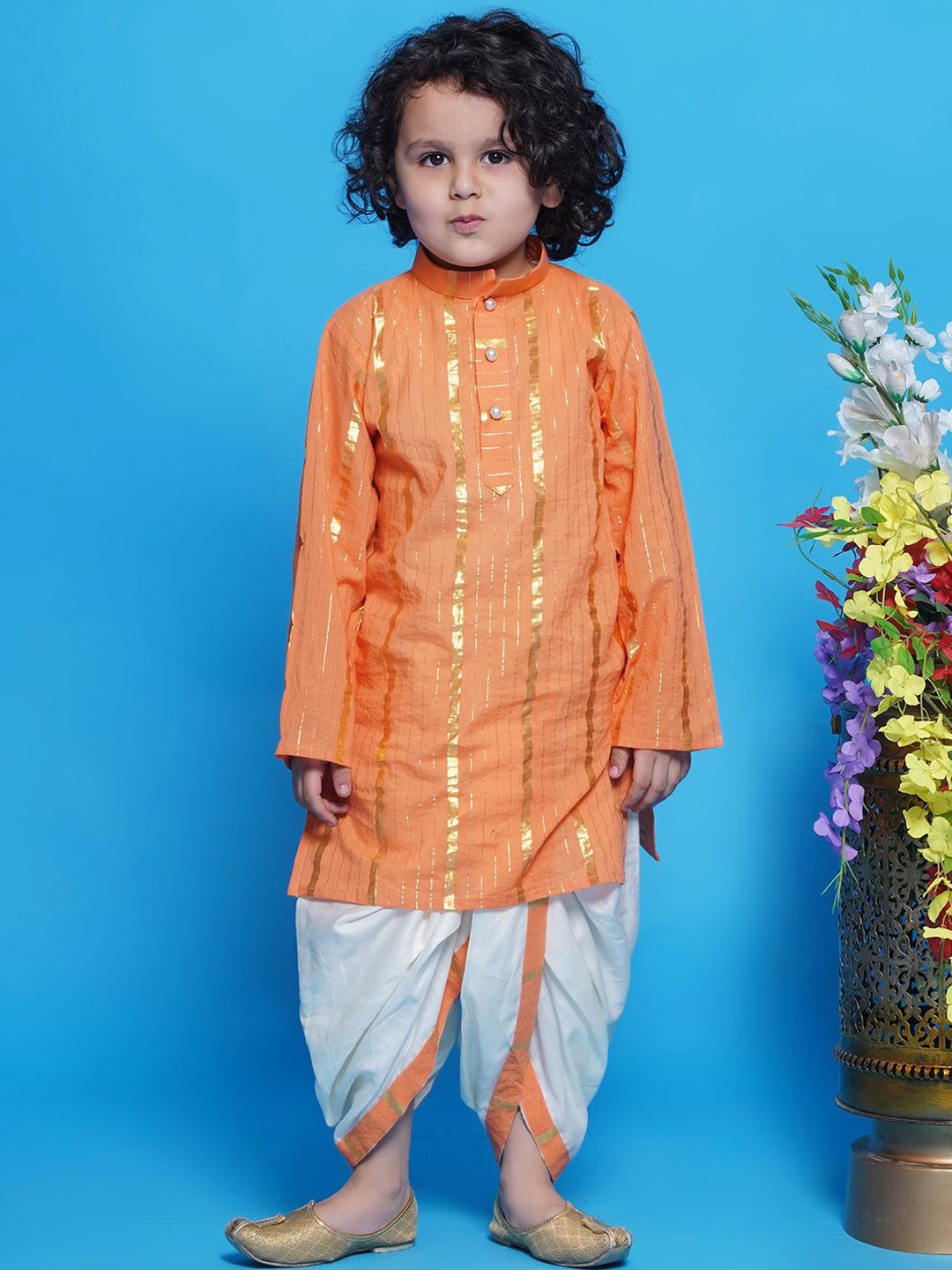 

Little Bansi Boys Striped Mandarin Collar Pure Cotton Kurta with Dhoti Pants, Orange