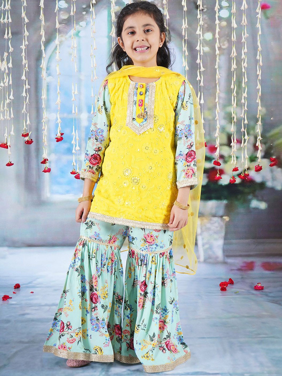 

Little Bansi Girls Embroidered Sequinned Pure Cotton A-Line Kurta With Sharara & Dupatta, Yellow