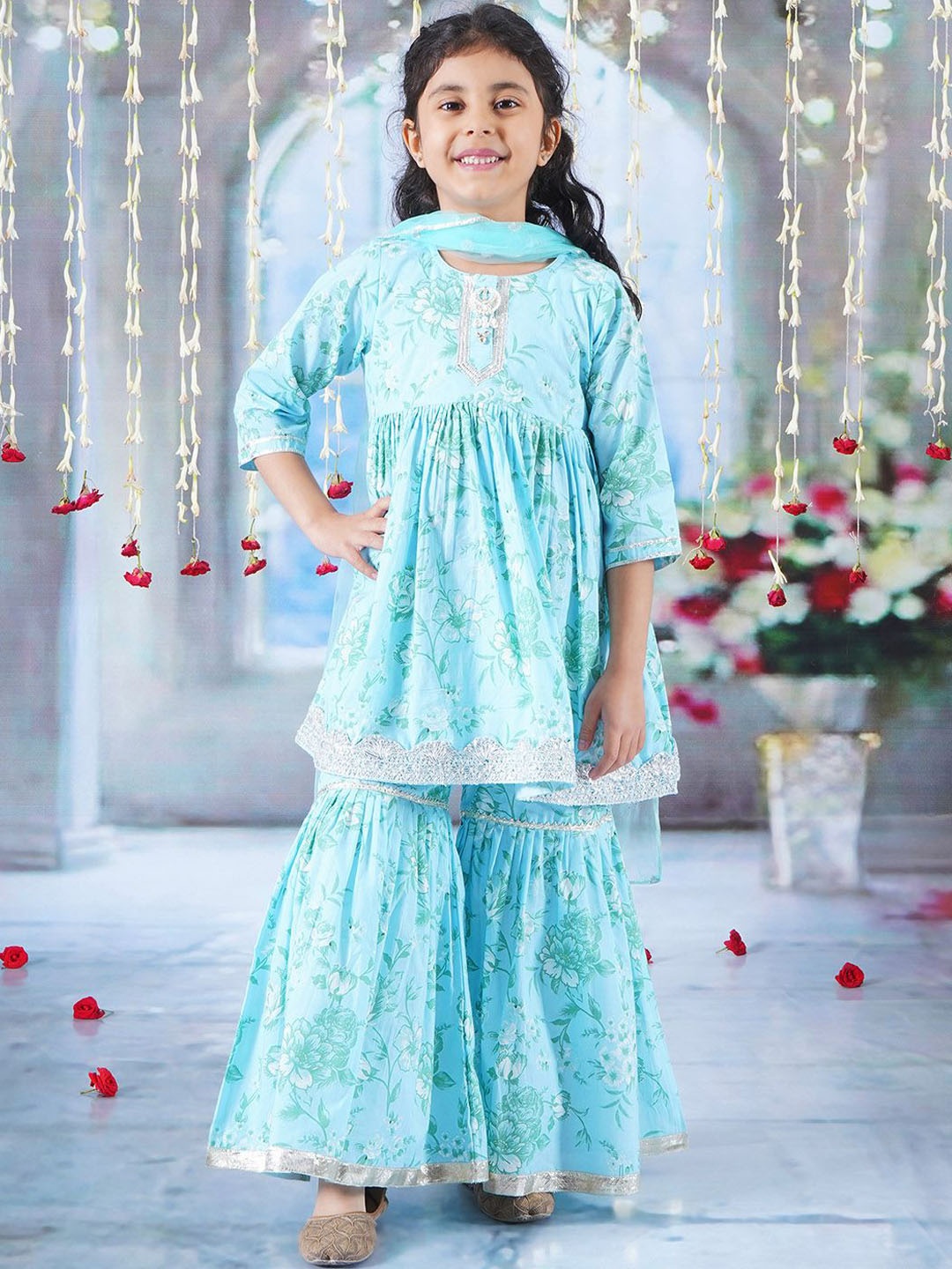 

Little Bansi Girls Printed Sequinned Pure Cotton A-Line Kurta With Sharara & Dupatta, Blue