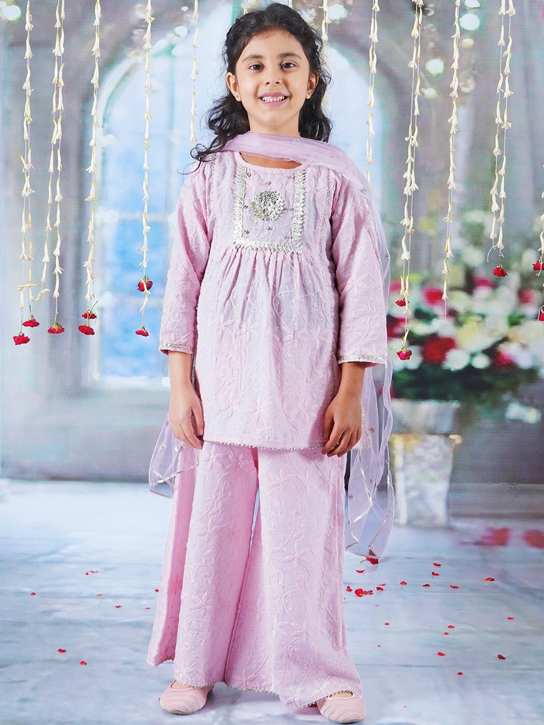 

Little Bansi Girls Floral Embroidered Pure Cotton A-Line Kurta With Palazzos & Dupatta, Pink