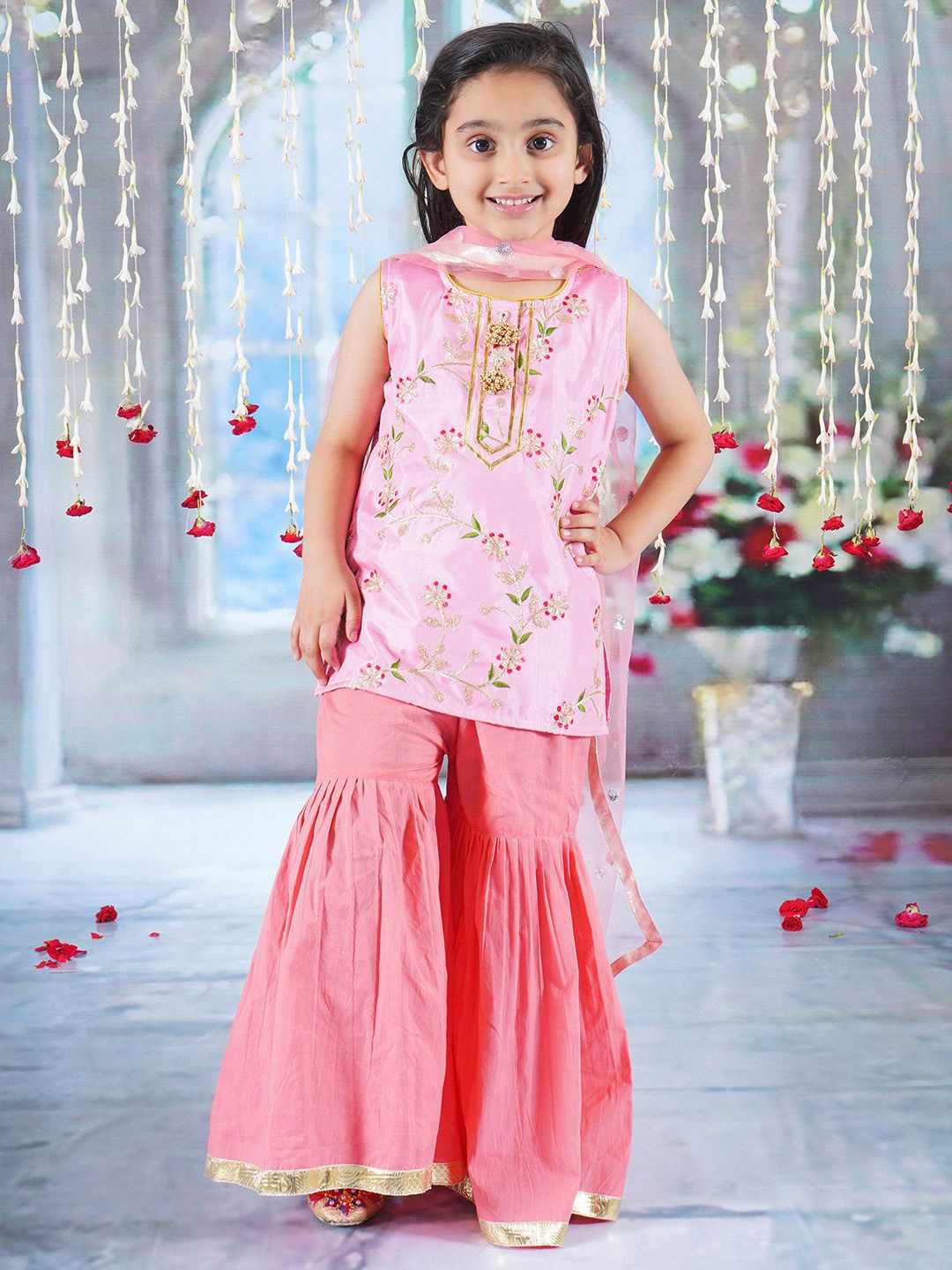

Little Bansi Girls Floral Embroidered Pure Cotton A-Line Kurta With Sharara & Dupatta, Coral
