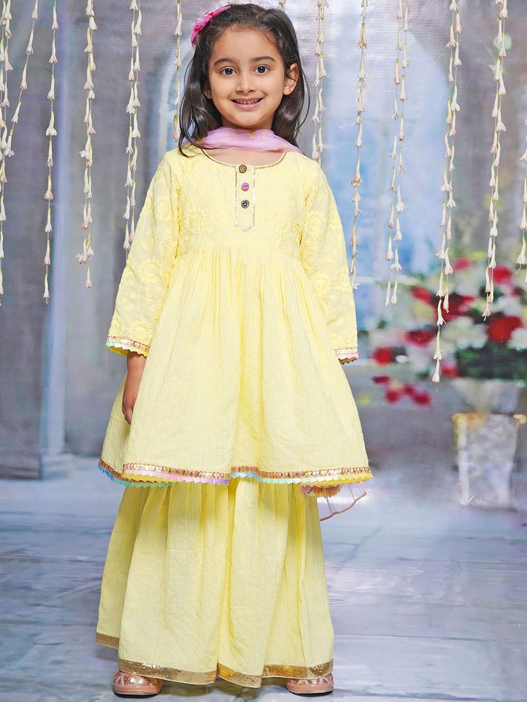 

Little Bansi Girls Embroidered Thread Work Pure Cotton A-Line Kurta With Sharara & Dupatta, Yellow