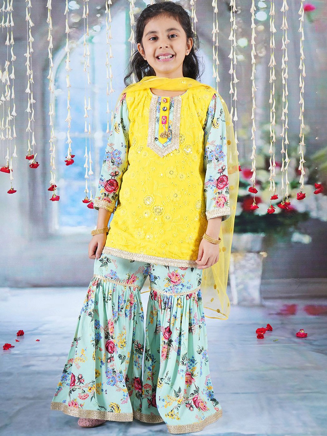 

Little Bansi Girls Floral Embroidered Pure Cotton A-Line Kurta With Sharara & Dupatta, Yellow