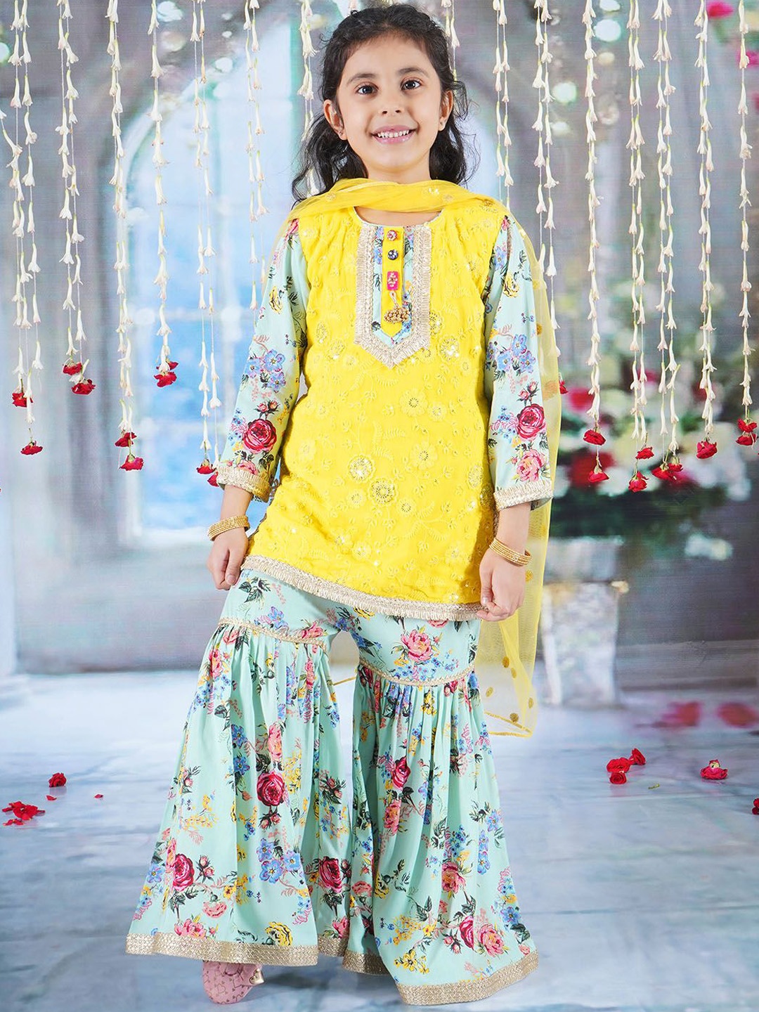 

Little Bansi Girls Floral Embroidered Pure Cotton A-Line Kurta With Sharara & Dupatta, Yellow