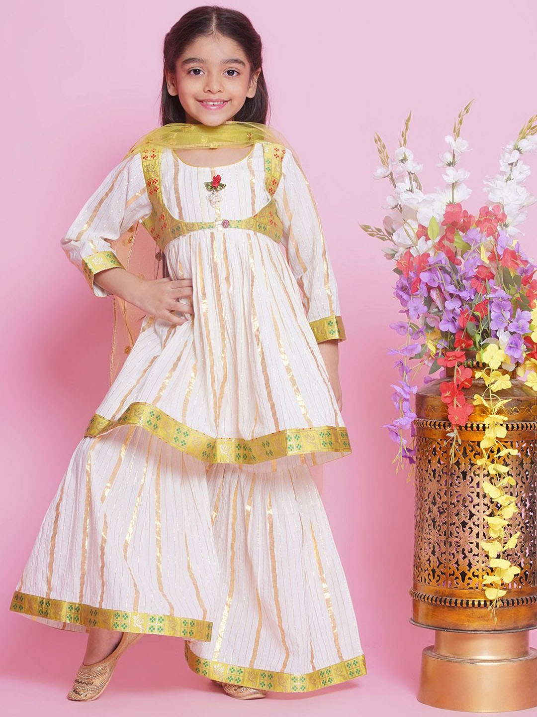 

Little Bansi Girls Woven Design Zari Pure Cotton Kurta with Sharara & With Dupatta, Cream