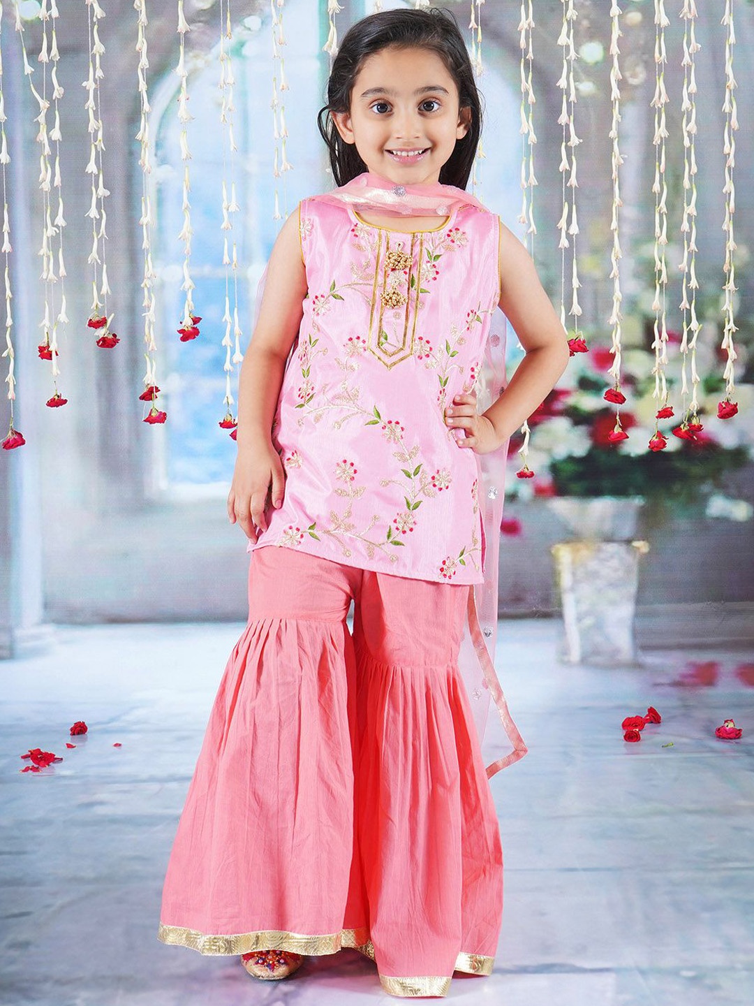 

Little Bansi Girls Ethnic Motifs Embroidered Cotton Silk Kurta with Sharara & Dupatta, Coral