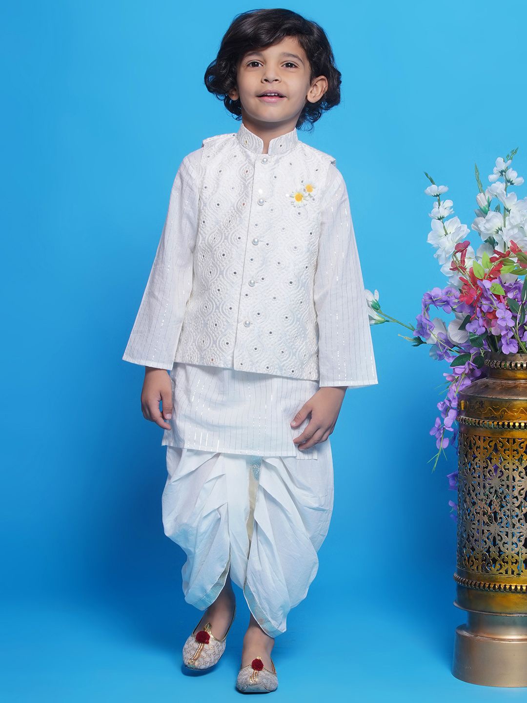 

Little Bansi Boys Striped Pure Cotton A-Line Kurta With Dhoti Pants & Nehru Jacket, Cream
