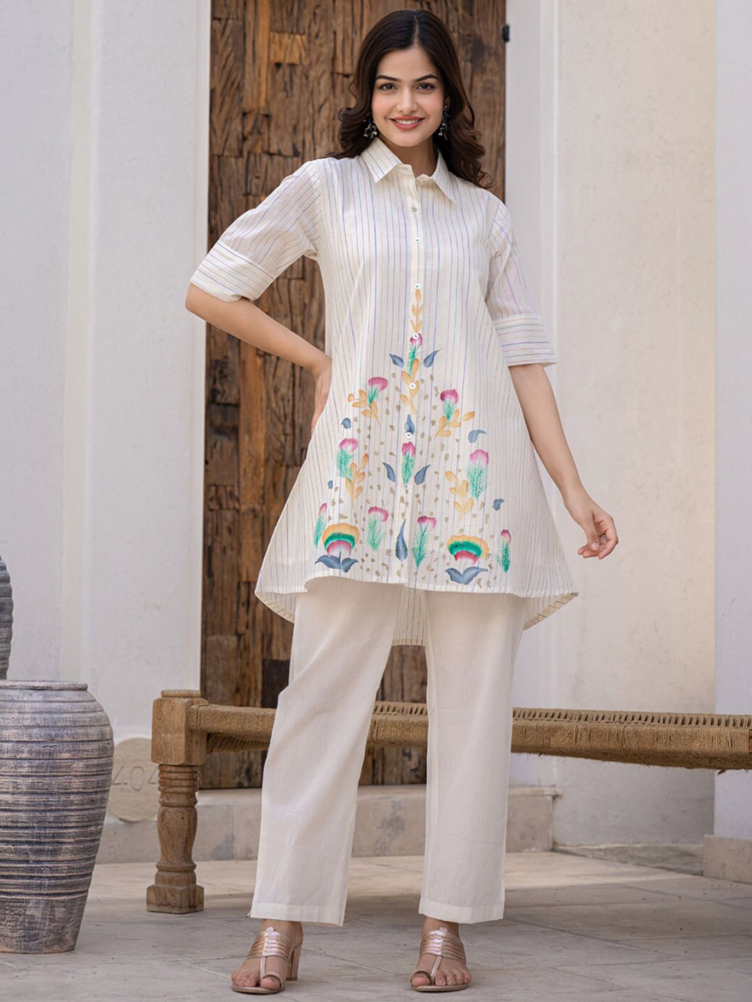 

FASHION DWAR Floral Striped Printed Pure Cotton Top with Trousers, White