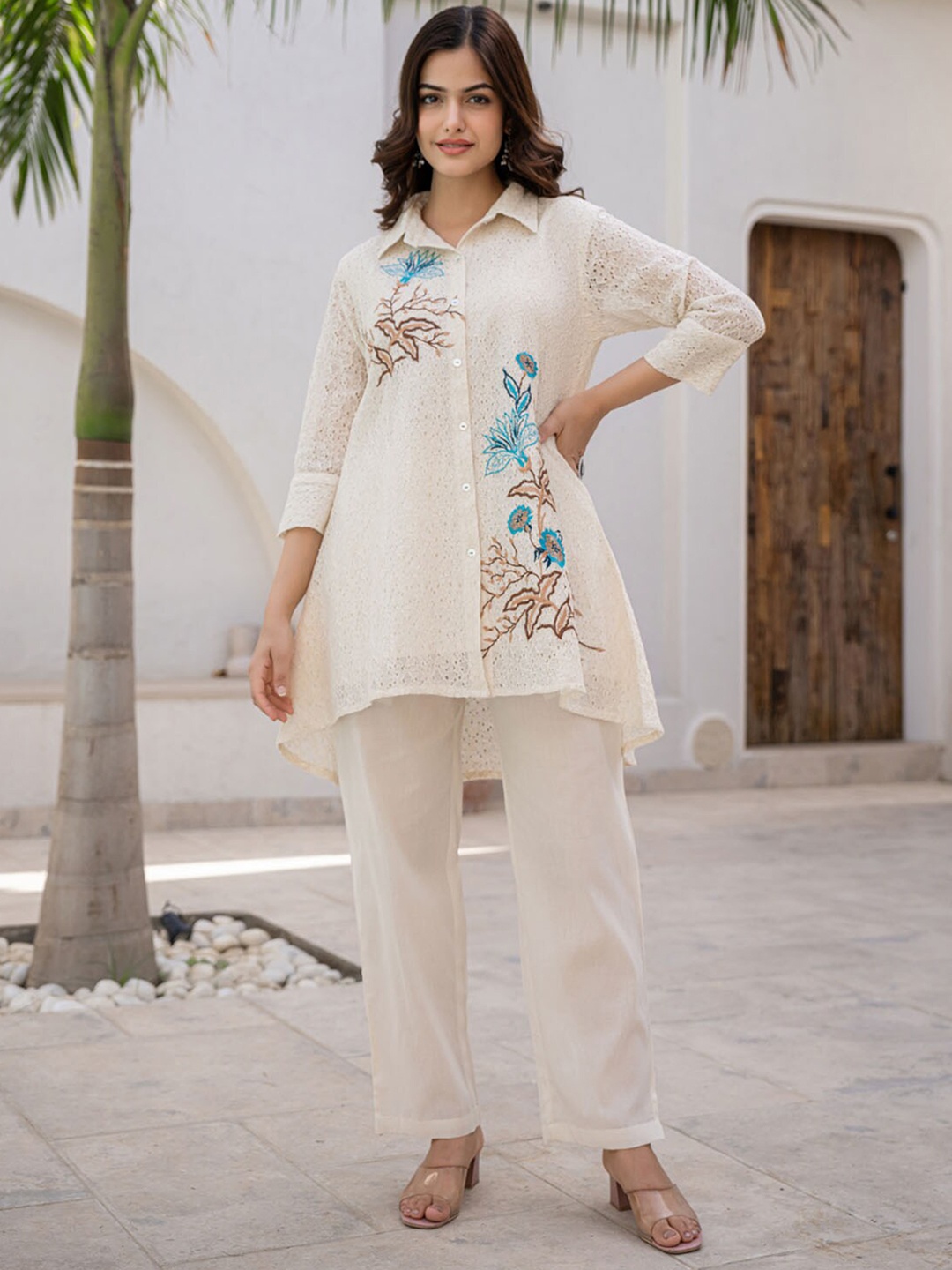 

FASHION DWAR Floral Embroidered Shirt Collar Pure Cotton Tunic With Trousers, Cream